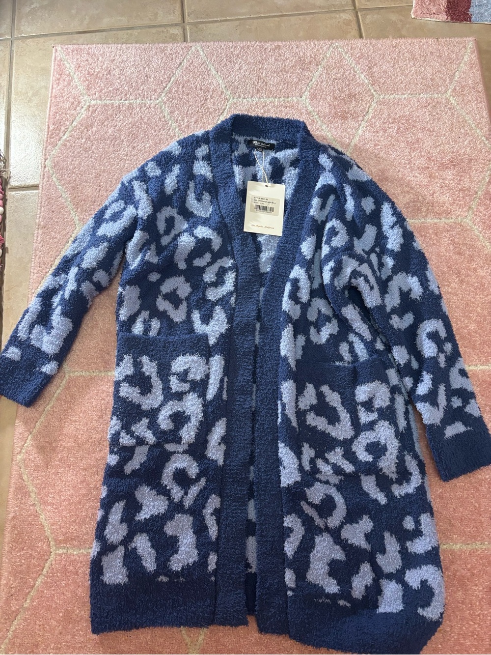 White Mark Navy and Light Blue Leopard Open-Front Cardigan